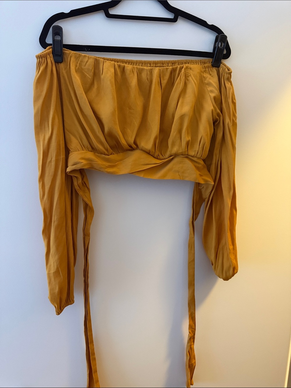 Off-Shoulder Mustard Yellow Crop Top with Tie Detail